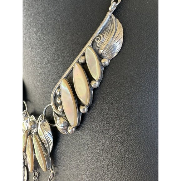 Navajo Mother of Pearl & Sterling Silver 3 Panel Statement Necklace w Feathers - Picture 3 of 14